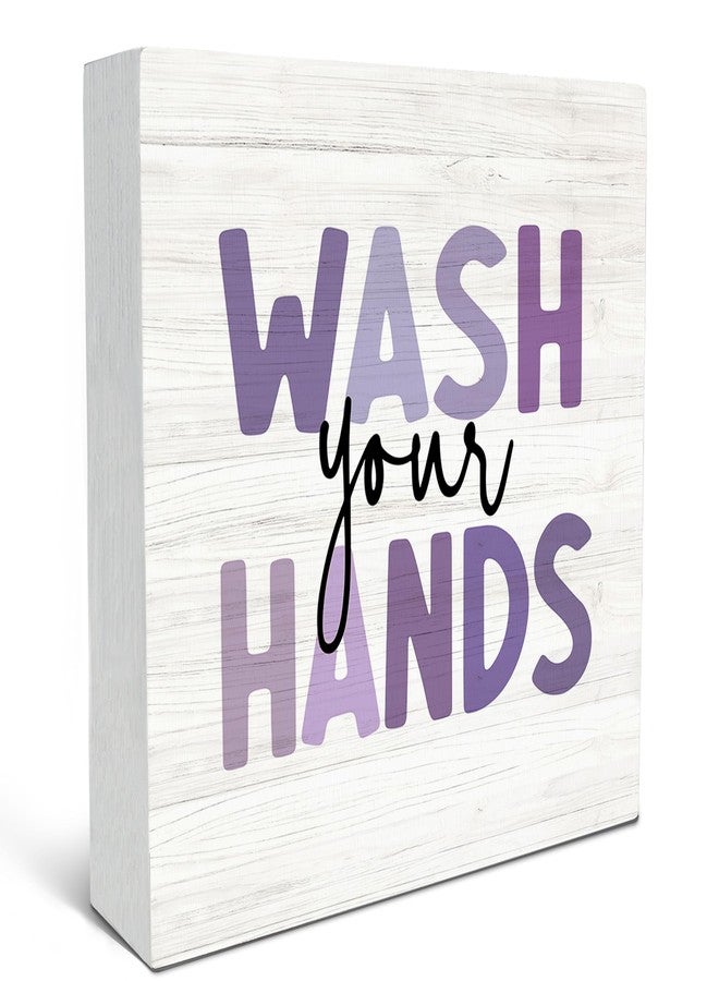 SRADMO Kids Bathroom Quote Wash Your Hands Wood Box Sign Desk Decor, Funny Bathroom Purple Wooden Block Box Sign Decoration for Kids Washroom Restroom Toilet Shelf Table Decorative Accessories - Image 1